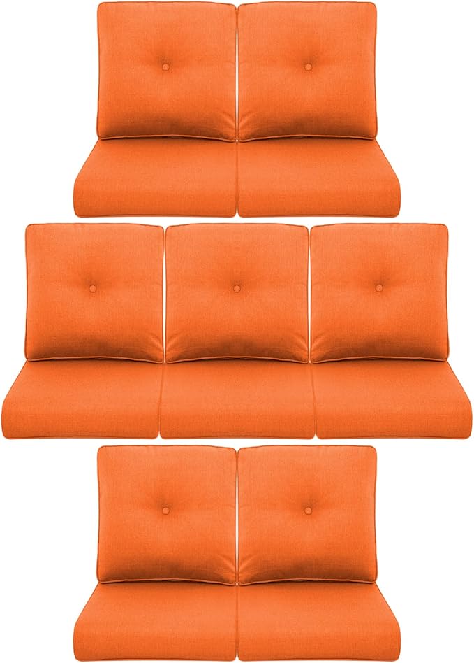 7-Piece Outdoor Patio Cushion Set - Fade & Water Resistant with Removable Olefin Cover, 22x24x4 Inch Memory Foam Cushions for Wicker Sectional Sof - Orange/Buckle