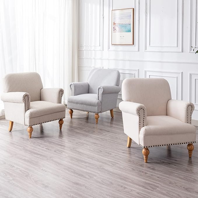 Linen Accent Chairs Set of 2 Mid-Century Modern Living Room Armchair with Nailhead Trim & Wood Legs Comfy Upholstered Single Sofa Chair for Lounge/Bedroom/Reception, Grey
