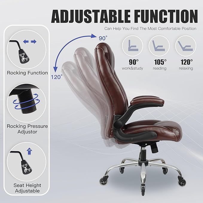 Big and Tall Office Chair for Heavy People, Executive Desk Computer Chair Adjustable Flip-up Armrests, PU Leather Swivel Task Chair with Ergonomic High Back and Lumbar Support(Brown
