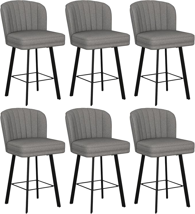 Swivel Counter Height Bar Stools Set of 6, 26'' Modern Barstools with Backs and Metal Legs, Upholstered Bar Chairs,Mid-Gray,Fabric Stools for Kitchen Island Chairs