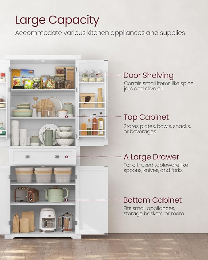 VASAGLE Pantry Cabinet, 71.7-Inch High Freestanding Tall Cupboard Storage Cabinet with a Drawer, 2 Cabinets, 4 Adjustable Shelves, 6 Door Shelves, for Living Room, Kitchen, White UBBC561P31V2