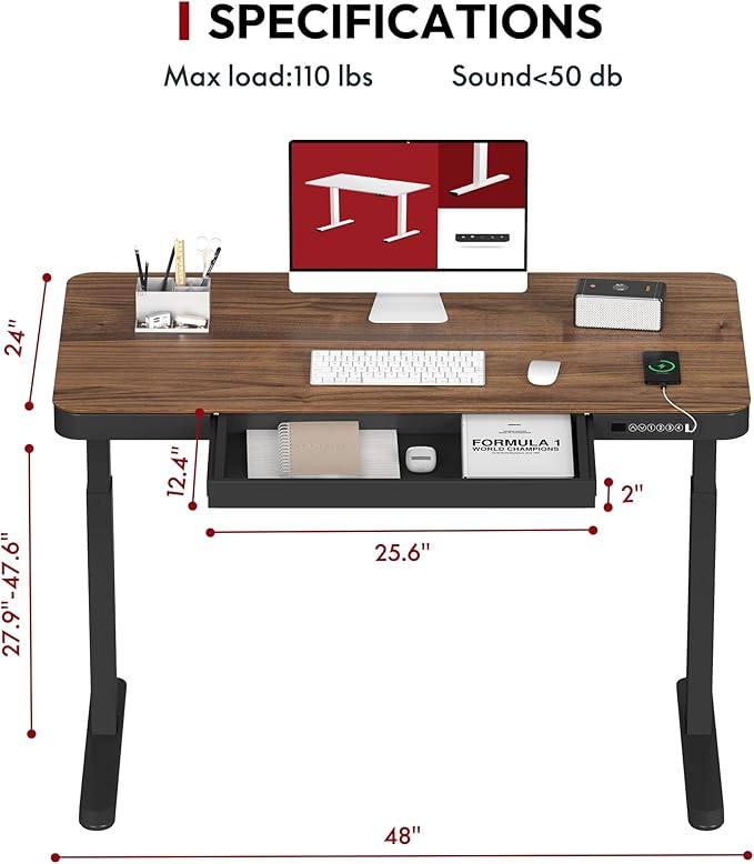 Standing Desk with Drawer, Electric Height Adjustable Home Office Desk with Storage & USB Ports, 48 inch Black Walnut Wood Tabletop/Black Frame