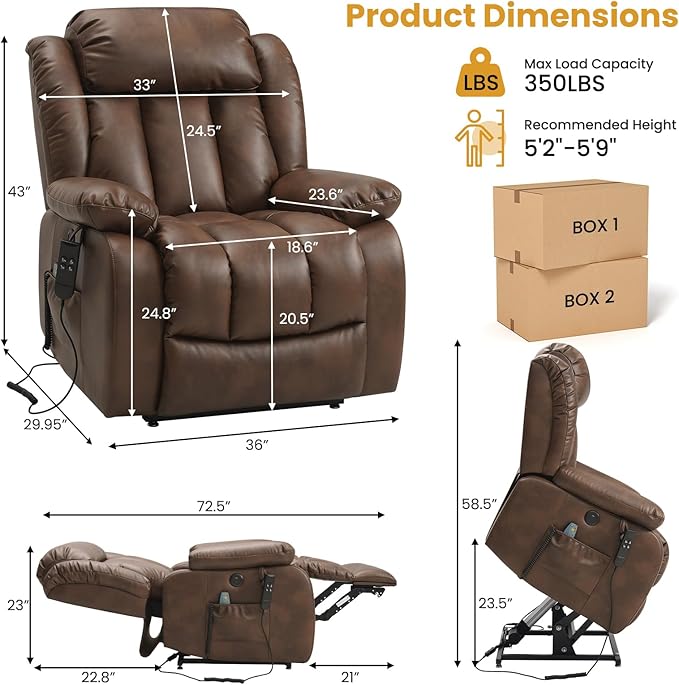 PARKOL Dual Motor Power Lift Recliner Chair for Elderly, 180-Degree Infinite Position Lay Flat Leather Recliner Chairs, with Massage and Heating, USB & Type-C Port and Remote (Ochre, Medium)