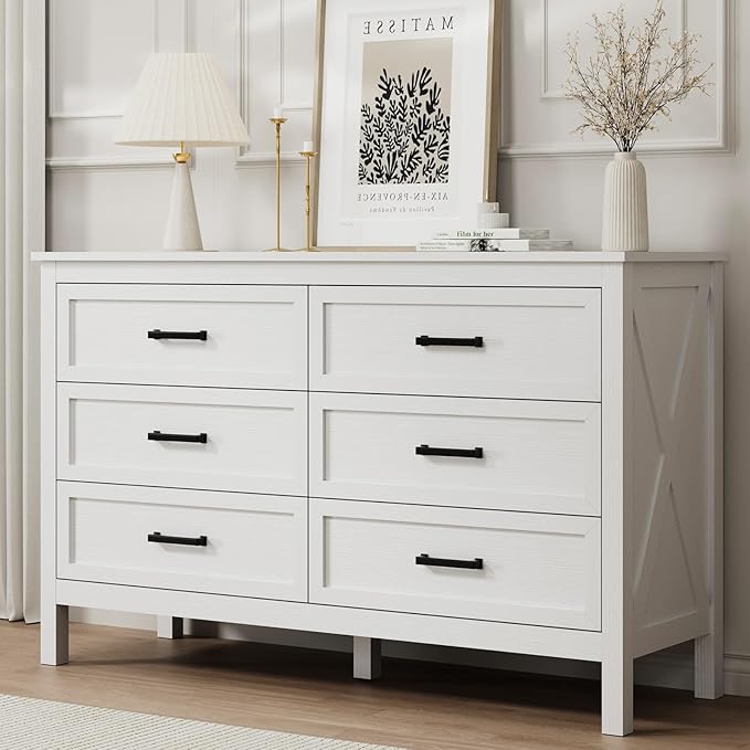 LYNSOM Farmhouse 6 Drawers Dresser for Bedroom, Wood Rustic Wide Chest of Drawers with Deep Drawers, Metal Handle, Storage Dressers Organizer for Hallway
