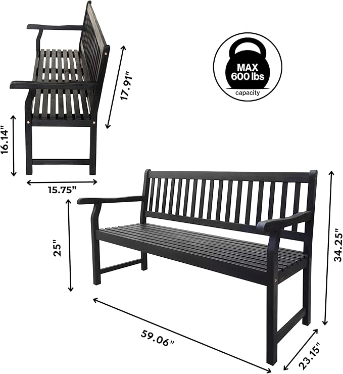 JONATHAN Y BNH101C Laurel 59.1" 3-Seat Slat-Back 600-Lbs Support Acacia Wood Outdoor Garden Patio Bench for Garden, Lawn, Backyard, Pool, Deck, Beach, Firepit, Black