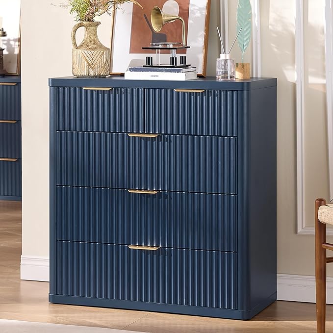 LEYAOYAO Fluted 5 Drawers Dresser for Bedroom, 34" Tall Modern Chest of Drawers with Metal Handle, Curved Profile Design,Navy Blue Wood Drawer Organizer for Bedroom, Living Room, Hallway, Entryway