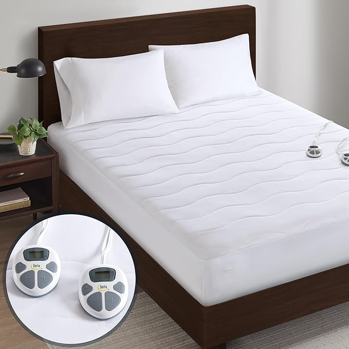 Serta Heated Mattress Pad Queen Size - Electric Mattress Pad, 10 Heat Setting Controller, Auto Shut Off Timer, Deep Elastic Pocket, Up to 17" Mattress, ETL Certified, Machine Wash, Queen, White
