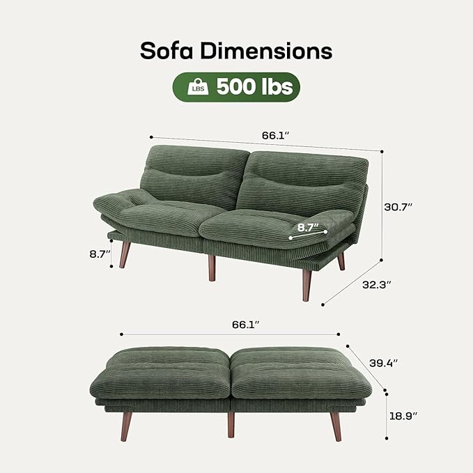 Marsail Futon Sofa Bed, Futon Couch with Adjustable Backrest & Armrests, Convertible Small Sleeper Sofa Bed for Small Apartments, Study Room, Office, Corduroy Loveseat, Green