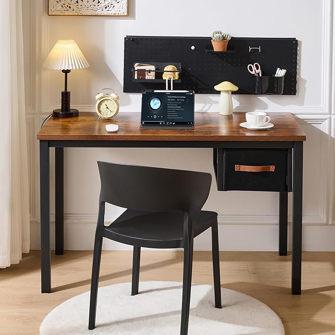 Computer Desk with Drawer, 47 Inch Home Office Work Desks, Modern Writing Study PC Desk Gaming Table for Small Place Bedroom, Thickened Tabletop and Stable Metal Frame Leg(Rustic Brown)