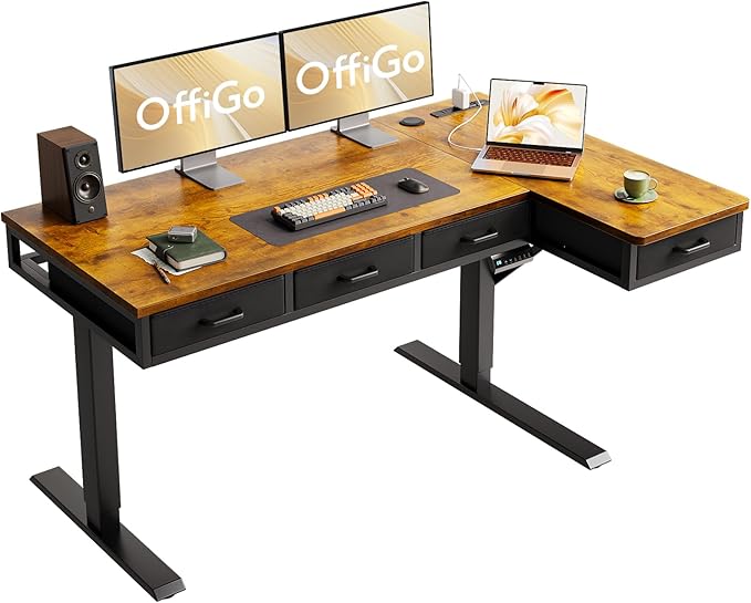 OffiGo 55 Inch L Shaped Electric Standing Desk with Drawers, Height Adjustable Large Desk with Power Outlets, Sit Stand Table, Writing Computer Desk for Home, Office, Workstation, Rustic Brown