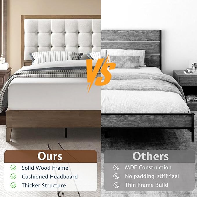 Jocisland Wood Full Size Bed Frame,Tall Upholstered Tufted Headboard, Solid Wood Platform, No Box Spring Needed, Ash Gray