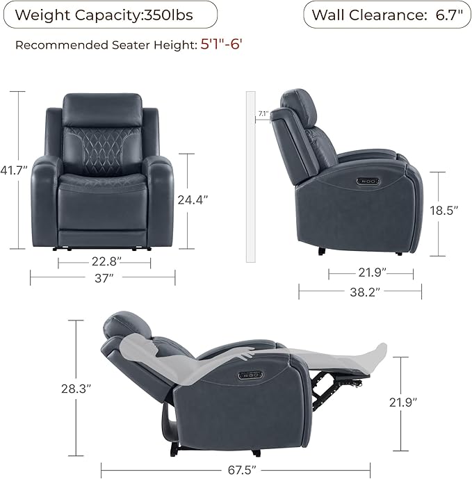 CHITA Genuine Leather Recliner Chair for Adults with Adjustable Power Headrest, Lay Flat Power Recliner with Slide-Out Cupholders & USB/Type-C Ports, Living Room Chair, Navy Blue