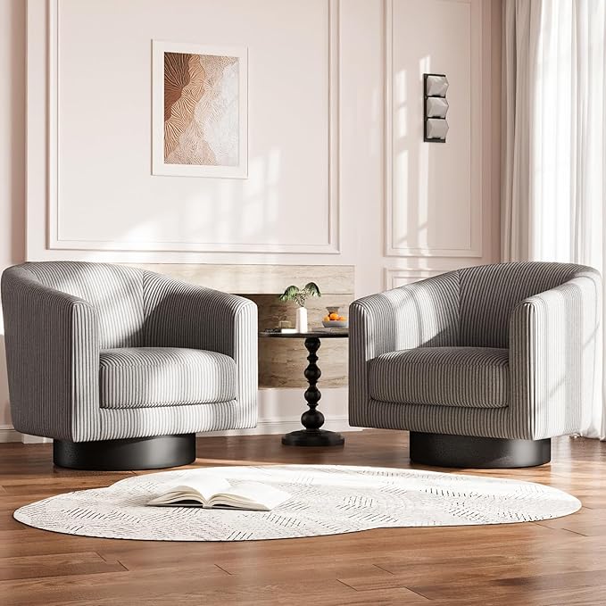 360Β° Swivel Accent Chairs, Modern Bucket Chair, Corduroy Barrel Armchair, Comfy Boucle Chair, Single Sofa for Living Room Bedroom. Dark Grey