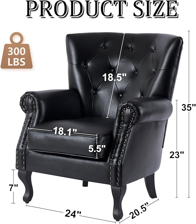 Modern Faux Leather Accent Chair, Upholstered Mid-Century Armchair with Solid Wood Legs, Single Sofa Chair for Living Room, Bedroom, or Reading Room(Black)