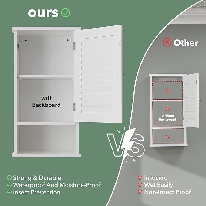 Small Bathroom Wall Cabinet, Slim Single Louvered Door Narrow Over The Toilet Storage, Adjustable Shelves, Space Saver Organizer, 13.4x8.9x25.3 inches