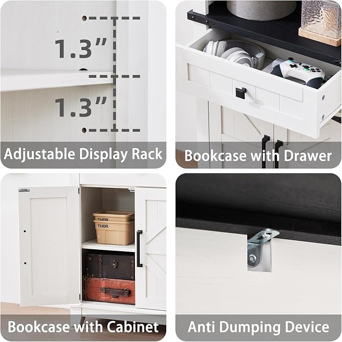 72in Tall Bookshelf 7 Tier Bookcase with Drawer and Barn Doors and Adjustable Shelves, White Farmhouse Book Shelf with Storage Cabinet, Wood Freestanding Display Bookshelves for Kitchen (2PCS)