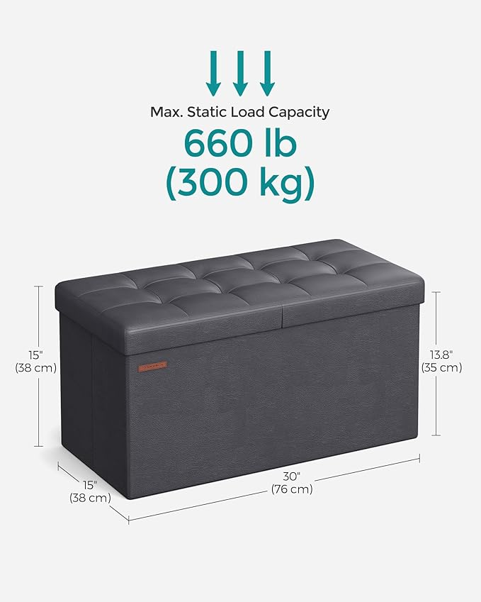 SONGMICS MAZIE Collection - 30 Inches Storage Ottoman Bench with Flipping Lid, Storage Chest Footstool, Load 660 lb, for Entryway, Living Room, Bedroom, Synthetic Leather, Dark Gray ULSF045G01