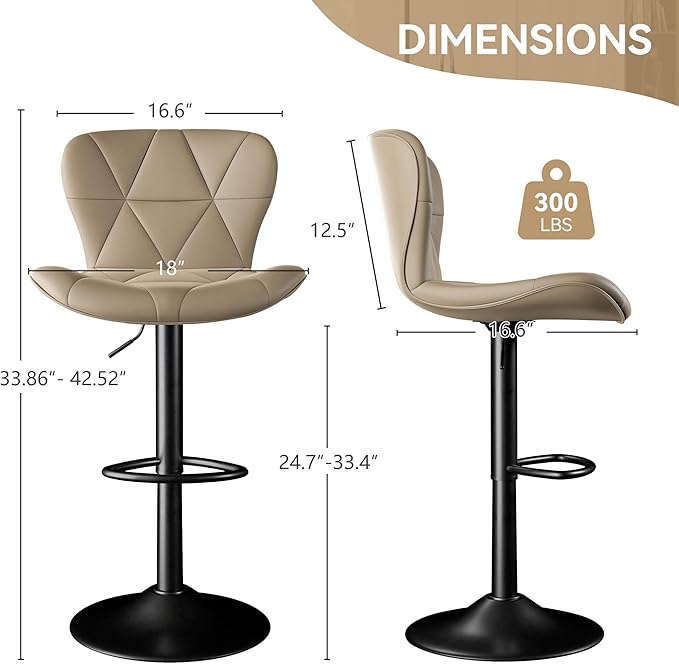 Bar Stools Set of 6,Adjustable Swivel Barstools, Faux Leather Bar Chairs,Upholstered Counter Height with High Backrest for Kitchen Island,Khaki