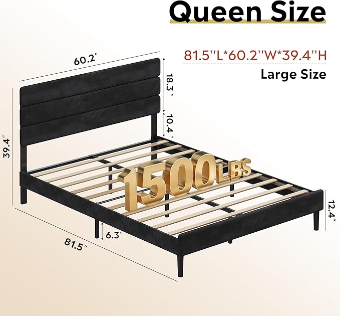 WLIVE Queen Size Upholstered Bed Frame, Velvet Square Tufted Headboard,Sturdy Metal & Wooden Slats Support, No Box Spring Needed, Black