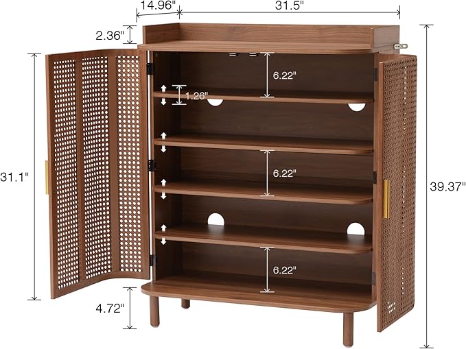ORRD Shoe Cabinet, 5 Tier Boho Wooden Shoe Storage Organizer Cabinet with Adjustable Shelves, Shoes Rack with Iron Rattan Curved Doors Accent Cabinet for Entryway Hallway Living Room, Walnut