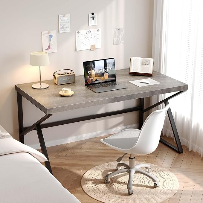 HSH Gray Computer Desk, Industrial Wood and Metal Home Office Desk, Farmhouse Rustic PC Laptop Desk for Executive Work Writing Study Gaming, Modern Simple Bedroom Computer Table, Light Grey Oak, 55 In