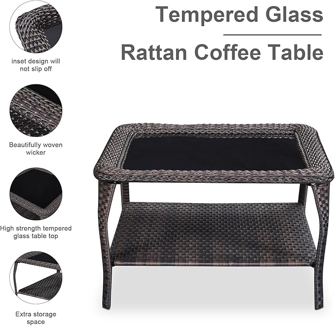 HUMMUH 9 Piece Patio Furniture PE Wikcer Outdoor Furniture Set with Sectional Sofa Swivel Patio Chairs Ottomans and Glass Coffee Table for Yard,Garden,Lawn