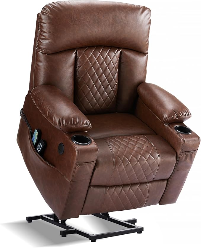 Dual Motor Power Lift Recliner Chairs with Heat and Massage for Elderly, Leather Electric Recliners with Footrest, Infinite Position Lift Chair with Cupholder,USB & Type C Ports(Brown)
