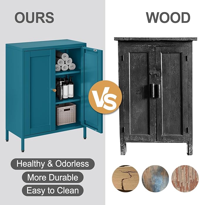 Bathroom Floor Storage Cabinet,Metal Storage Sideboard with 2 Doors and 2 Adjustable Shelves,Modern Small Storage Cabinets, Blue Metal Locker for Entryway,Living Room,Hallway