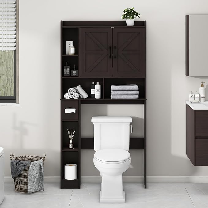 Vabches Over The Toilet Storage Cabinet, Farmhouse Storage Cabinet Over Toilet with 2 Barn Door & Toilet Paper Holder Stand,Home Space-Saving Toilet Rack, for Bathroom, Restroom, Laundry