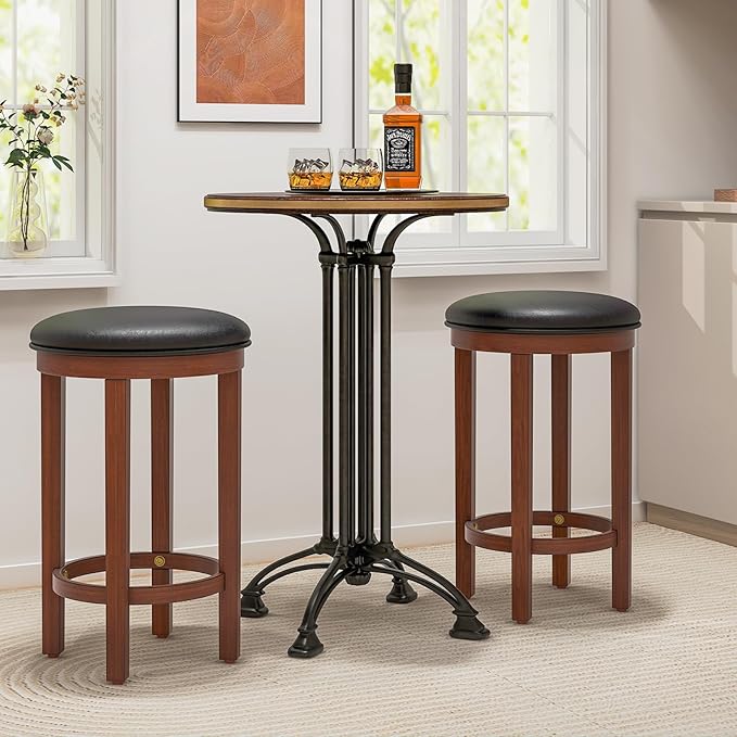 COSTWAY Upholstered Bar Stools Set of 2, 25” Counter Height Bar Chairs with Padded Cushion & Wooden Frame, Faux Leather Backless Stools for Kitchen, Dining Room, Pub, Black + Walnut