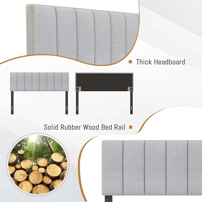 KOMFOTT Linen Upholstered Headboard for Full & Queen Size Bed, Vertical Channel Tufted Rectangular Headboard with Solid Wood Legs & Adjustable Width, Padded Bed Backboard, Easy Assembly (Gray)
