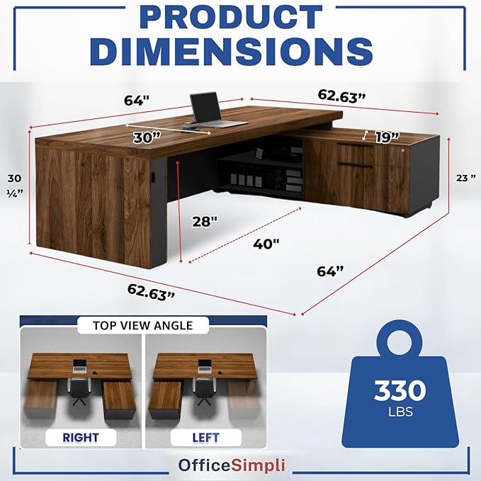 OfficeSimpli L Shaped Executive Desk with Drawers - 64x63x30 Inch - Made in USA - Ship Mostly Assembled - Home Office Workstation, Business Furniture, CEO Desk Table with Lockable Storage - Walnut