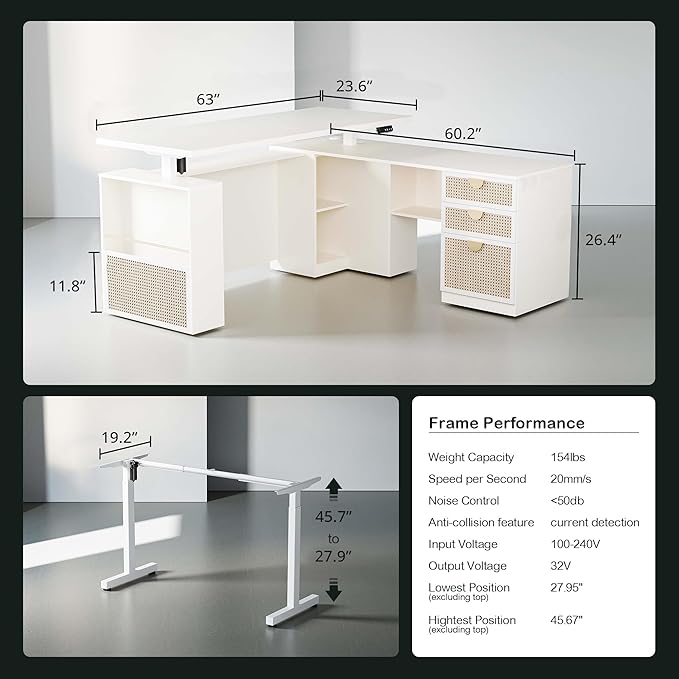 63" Standing Desk with File Cabinet, Privacy Panel, AC/USB, 1.18" Desktop, Executive L Shaped Height Adjustable Desk, Electric Stand Up Table with 3 Drawers, White Rattan