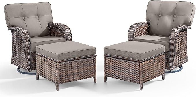 4-Piece Rotating Balcony Chair Set with 31-inch T-Shaped Wide backrest - Rattan Outdoor Rotating Balcony Chairs, Wide backrest Comfortable Outdoor Sliding Chair - Brown | Grey