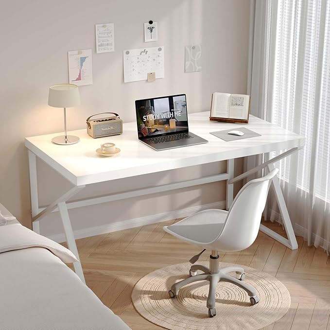 HSH White Computer Desk, Modern Wood Home Office Desk, PC Desk for Executive Work Writing Study Gaming Student Bedroom, Farmhouse Simple Wooden and Metal Computer Table Workstation, White Oak 55 Inch