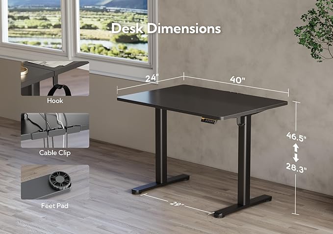 Claiks Electric Standing Desk, Adjustable Height Stand up Desk, 40x24 Inches Sit Stand Home Office Desk with Splice Board, Black Frame/Black Top