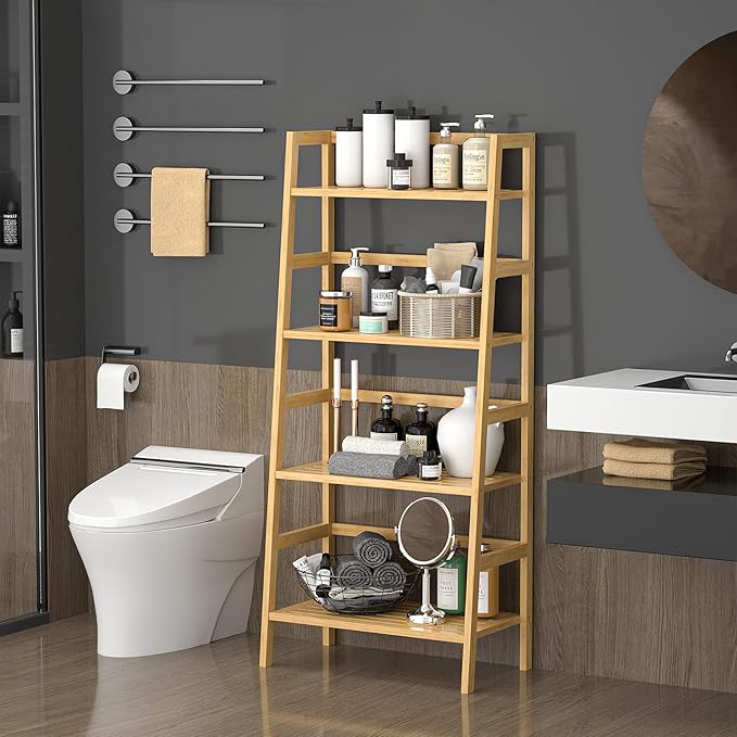 Homykic Bamboo Bookshelf 4-Tier Ladder Shelf, 49.2” Freestanding Open Bookcase Book Shelf Bathroom Storage Shelf Unit Plant Stand for Small Space, Bedroom, Living Room, Home Office, Natural
