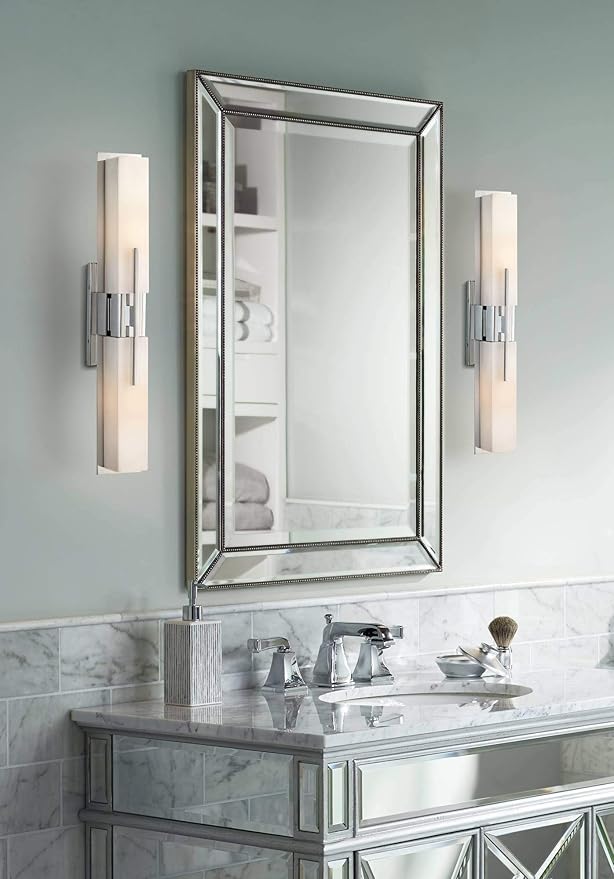 Possini Euro Design Midtown Mid Century Modern Wall Mount Light Chrome Silver Metal 23 1/2" Wide 2-Light Vanity Fixture Rectangular White Glass Shades Decor for Bathroom Over Mirror House Home