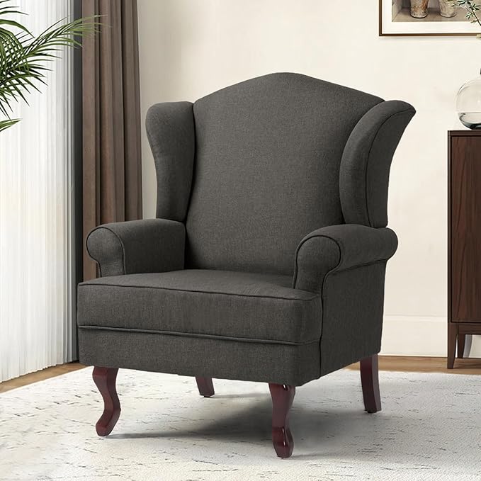 Accent Chair, High Back Upholstered Armchair with High Resilience Sponge & Wood Legs, Mid-Century Modern Comfy Single Sofa Reading Chairs for Living Room, Bedroom (Dark Grey, Set of 2)
