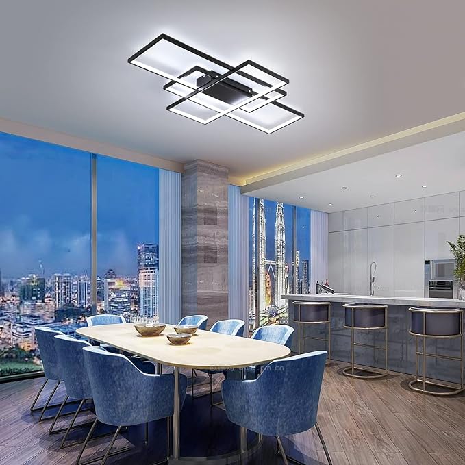 GEADI Modern Extra Large LED Ceiling Lights, Black Dimmable Rectangular Chandelier 68W Flush Mount Ceiling Lamp with Remote 3 Squares Ceiling Light Fixtures for Living Dining Room Kitchen, 41.3in