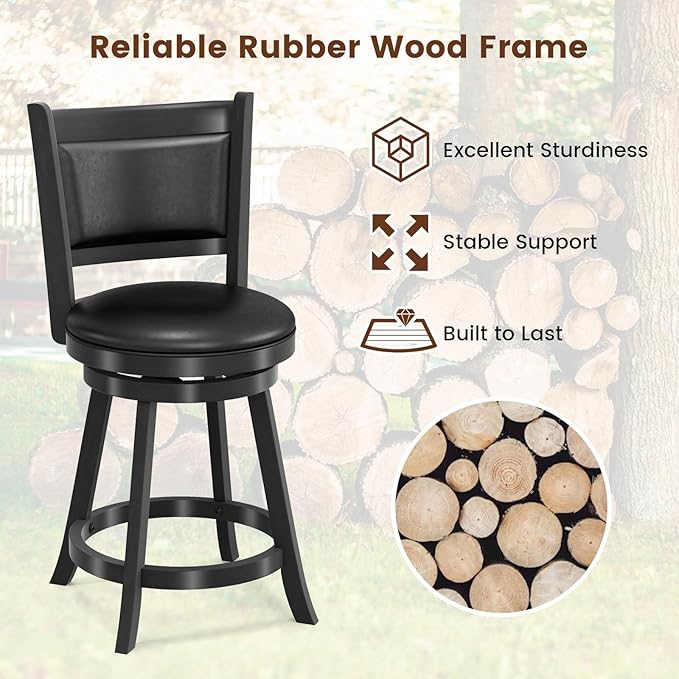 COSTWAY Bar Stools Set of 4, 360 Degree Swivel, 24" Accent Wooden Swivel Seat Counter Height Bar Stool, Leather Upholstered Design, PVC Cushioned Seat, Perfect for Dining and Living Room (Height 24")