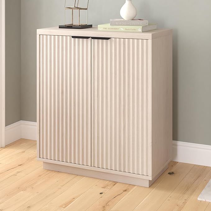 Henn&Hart 28" Fluted Wooden Accent Cabinet, Modern Ribbed Sideboard Buffet Cabinet with 2 Doors and an Adjustable Shelf for Living Room, Dining Room, Bedroom or Entryway, Alder White