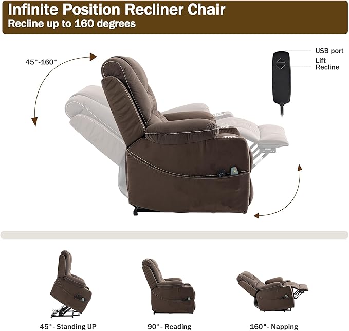 Power Lift Recliner Chair for Elderly with Massage and Heating, Ergonomic Electric Recliner Chair Single Sofa for Adults with Remote Control USB Port, Cup Holders, Side Pockets