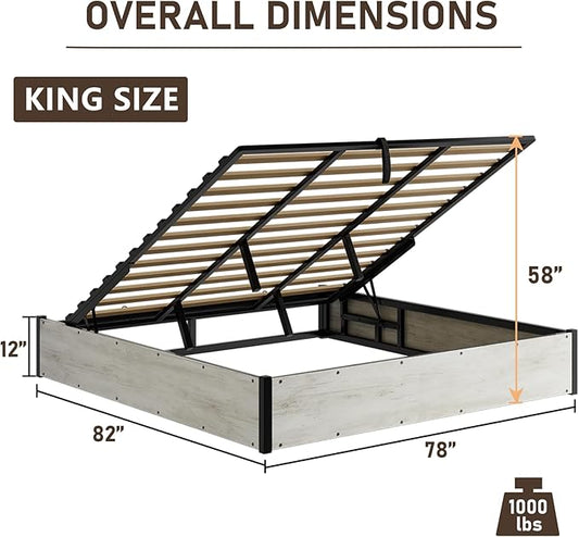 Lift Up Storage Bed Frame, King Size Wooden Platform Bed with Large Storage Underneath, No Box Spring Needed, Noise Free, Distressed White