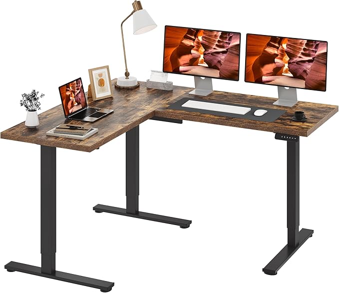 L-Shaped Standing Desk, 63 x 55 Inches Height Adjustable Desk, Sit and Stand up for Work Office Home, Ergonomic Rising Computer Table for Home Office with Splice Board, Rustic Brown