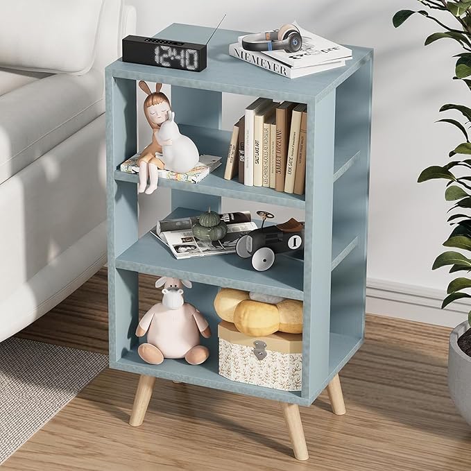 Night Stand, Blue Kids Nightstand, Modern End Table with Open Storage, 3-Tier Nursery Bedside Table for Small Space, Living Room, Bedroom
