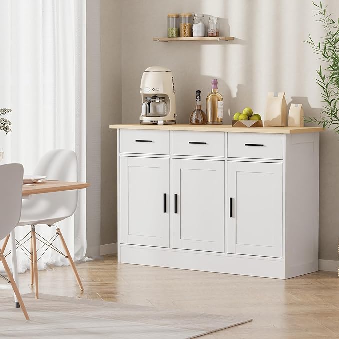 Buffet Cabinet with Storage - Buffets & Sideboards Kitchen Storage Cabinet, Wood Console Table Coffee Bar Accent Cabinets for Living Room Dining Room Entryway Large 3 Doors & Drawers, White 47.2"W