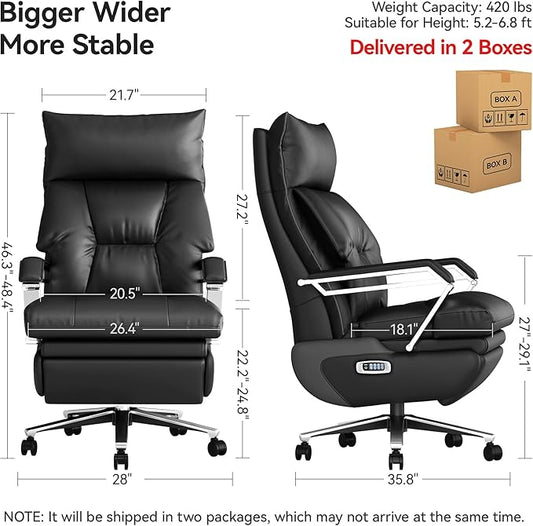 M80A Dual Motor Electric Executive Office Chair with Footrest, Comfortable Reclining Office Chair Wide Seat, Big and Tall Ergonomic Leather Home Office Desk Chair (Black,Multi-Functionality)