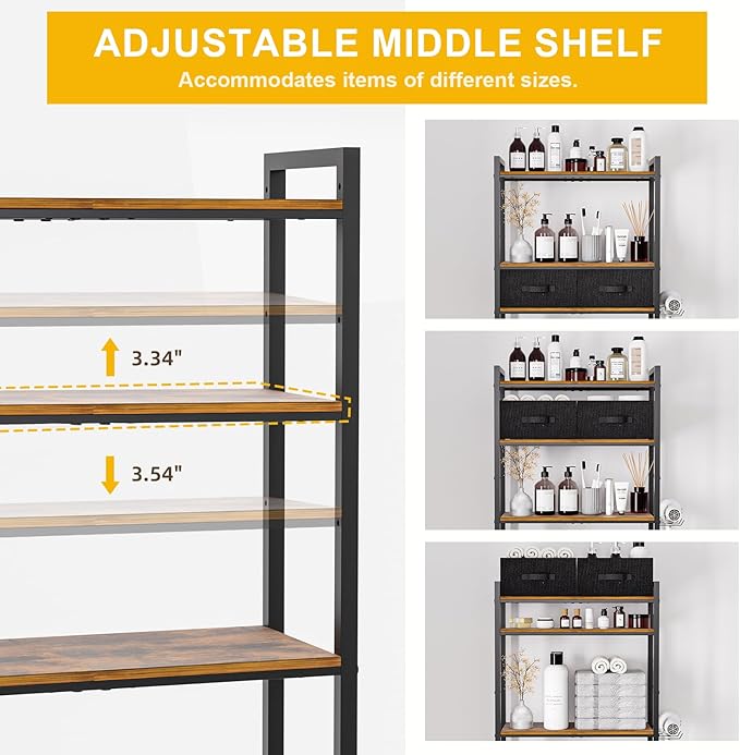 Over Toilet Bathroom Organizer with 2 Storage Cubes, 4-Tier Adjustable Metal Toilet Storage Shelves for Towels, Toilet Paper, Toiletries, Easy Assembly Freestanding Small Space Saver