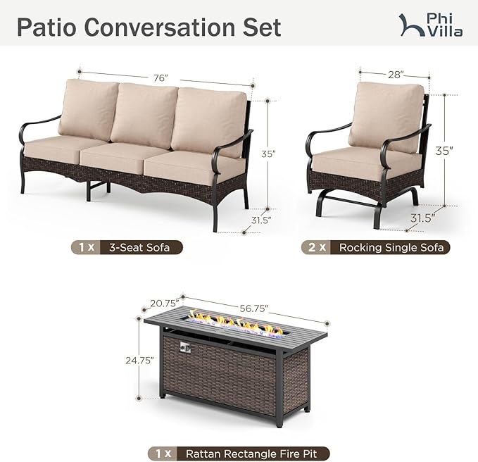 Patio Furniture Set with 56" Fire Pit Table, Premium Outdoor Wicker Metal Frame Furniture with Upgraded Waterproof Thick Cushions for Porch, Poolside, Deck, and Yard (4 Pieces,Beige)